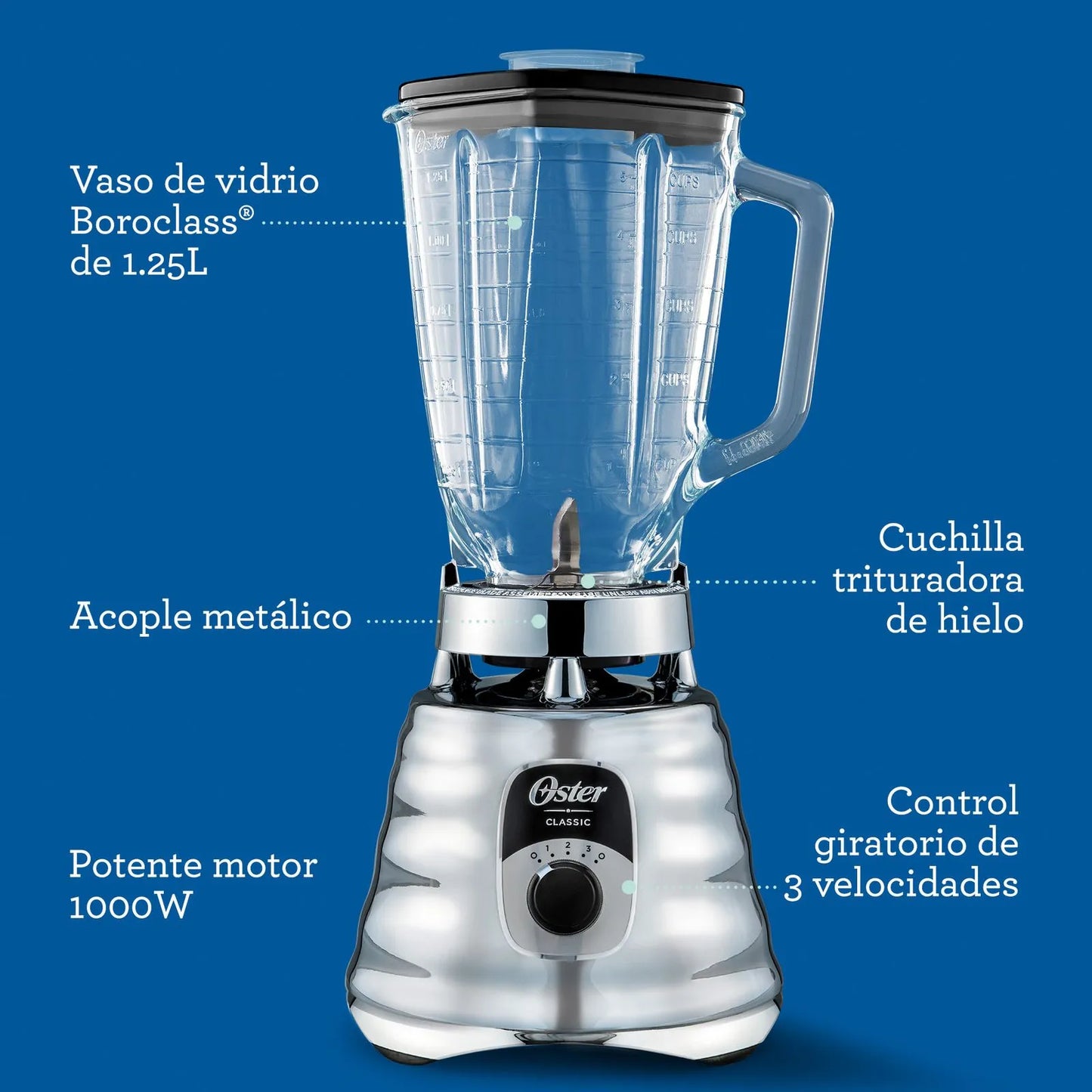 Oster® Licuadora Clásica, con Control de Perilla, de 3 Velocidades, 1.25 Lt, 1000 W, Cromada, BLST4655