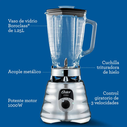 Oster® Licuadora Clásica, con Control de Perilla, de 3 Velocidades, 1.25 Lt, 1000 W, Cromada, BLST4655
