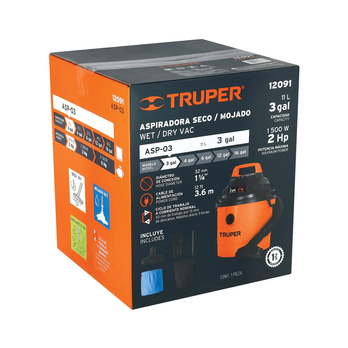 Aspiradora solidos y liquidos de 3 Gal TRUPER Ref. 12091 / ASP-03