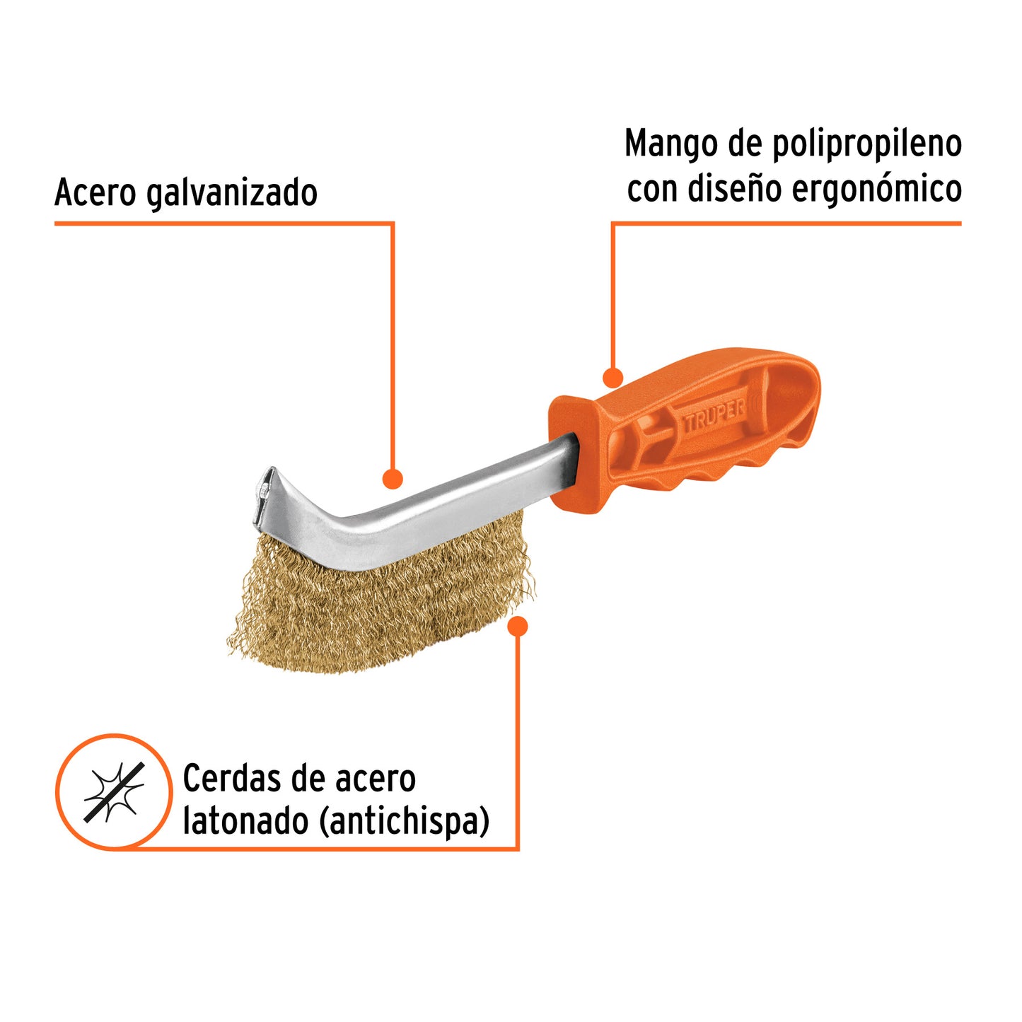 Cepillo de alambre curvo anti-chispa, acero latonado, TRUPER 11540