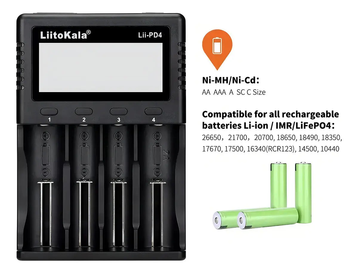 Cargador Pilas LiitoKala LII-PD4 4 Puertos 110V/220V para 18650 AA AAA