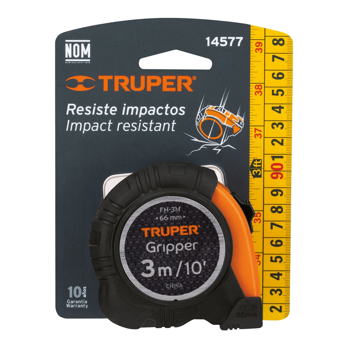 Flexómetro Gripper contra impactos 3 m cinta 13 mm, TRUPER 14577