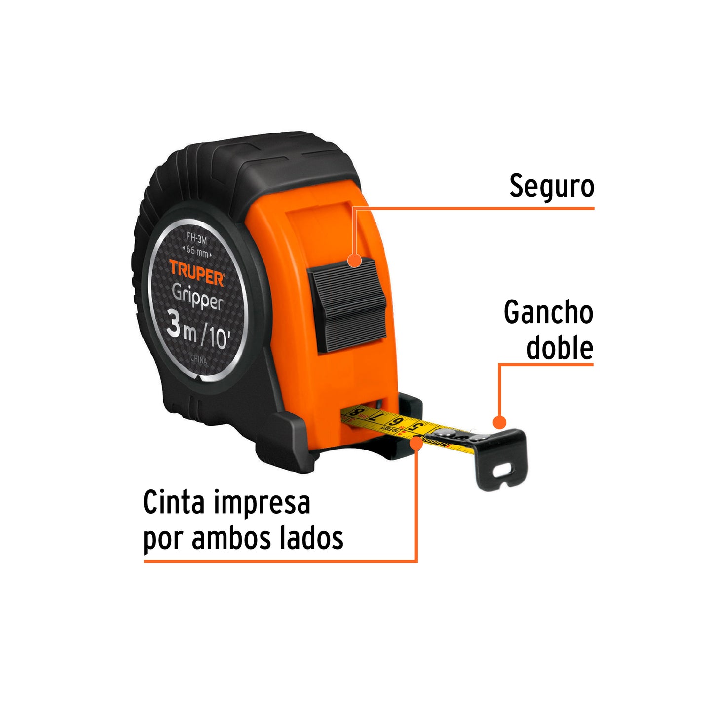Flexómetro Gripper contra impactos 3 m cinta 13 mm, TRUPER 14577