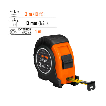 Flexómetro Gripper contra impactos 3 m cinta 13 mm, TRUPER 14577