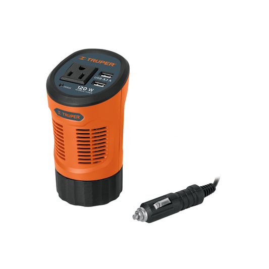 Inversor de corriente 120 W tipo vaso, 2 puertos USB, TRUPER 15725