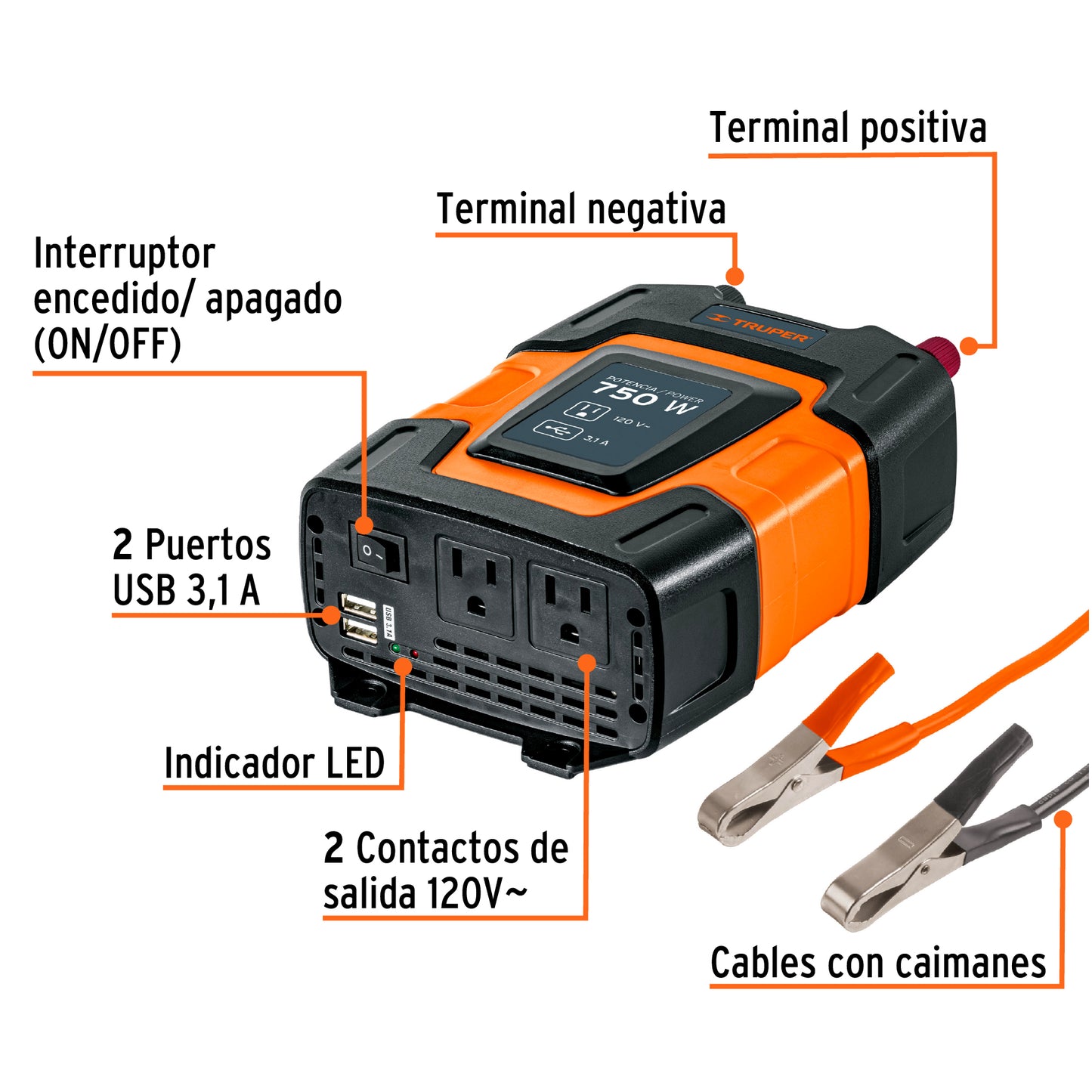 Inversor de corriente de 750 W con puertos USB, TRUPER 10490