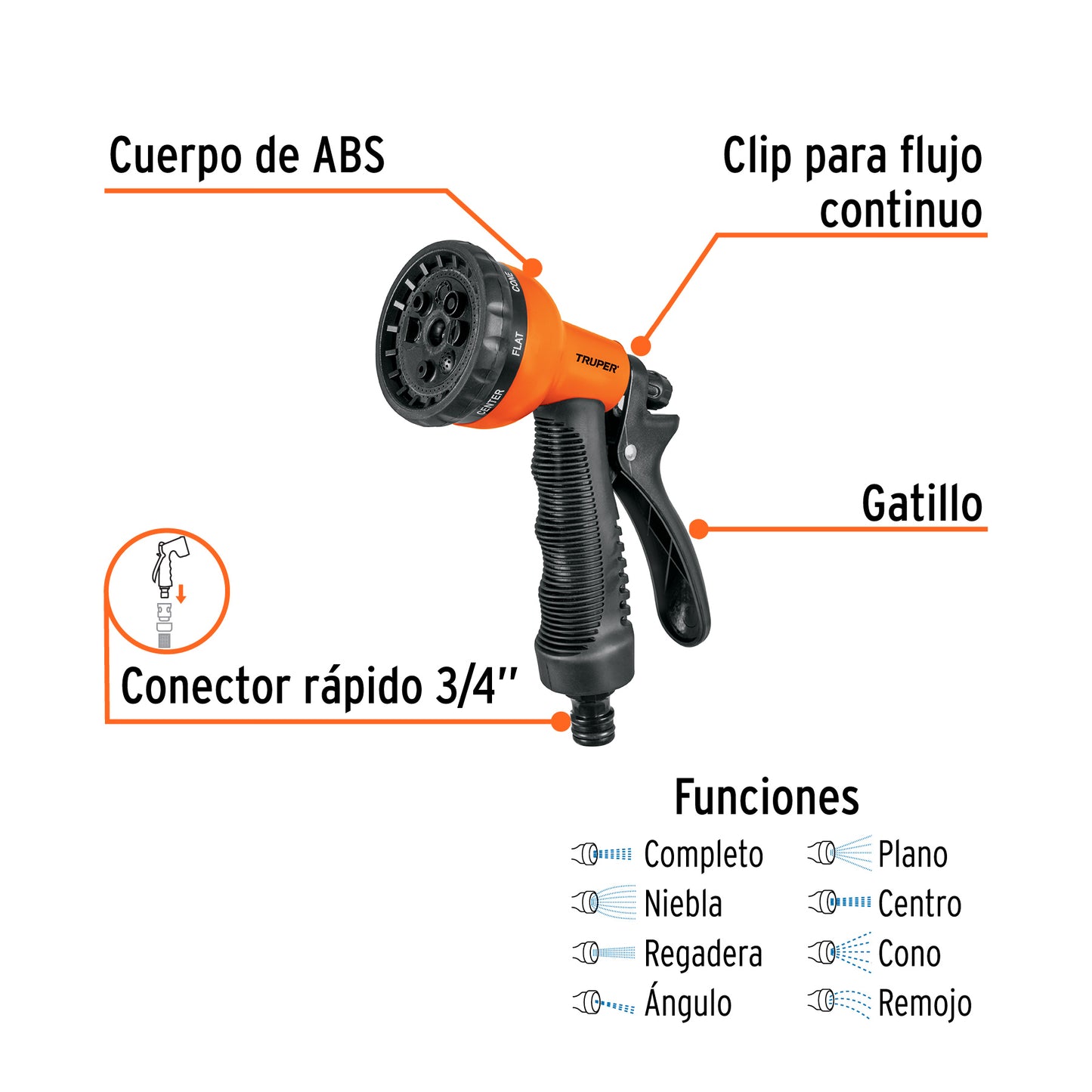 Pistola para riego de 8 funciones plástica con recubrimiento 18482