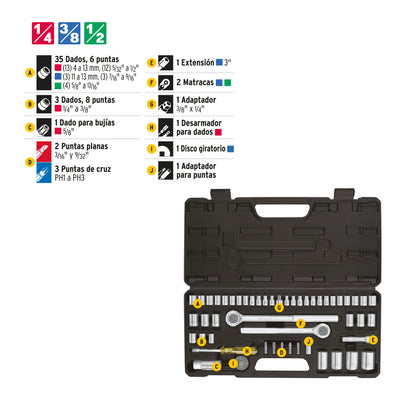 Juego 51 herramientas 1/4", 3/8" y 1/2" p/mecánico, PRETUL 24219