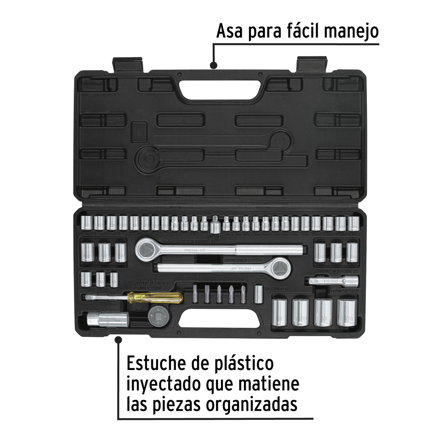 Juego 51 herramientas 1/4", 3/8" y 1/2" p/mecánico, PRETUL 24219