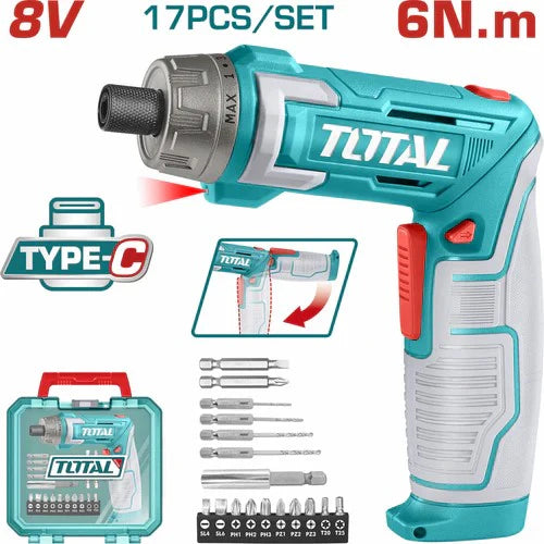 ATORNILLADOR INALAMBRICO 8V, 6N.M ESTUCHE PLASTICO + 17 PIEZAS TOTAL
