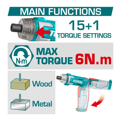 ATORNILLADOR INALAMBRICO 8V, 6N.M ESTUCHE PLASTICO + 17 PIEZAS TOTAL