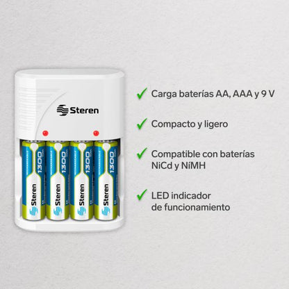 Cargador de pilas "AA, AAA y 9V". Incluye 4 pilas AA CRG-020 Steren
