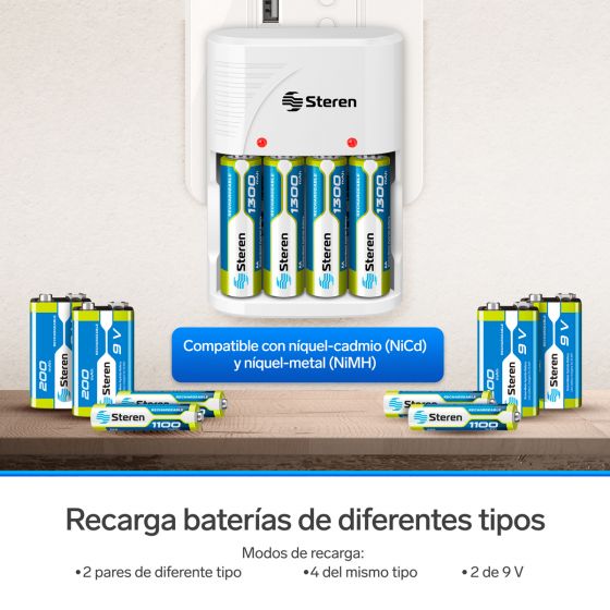 Cargador de pilas "AA, AAA y 9V". Incluye 4 pilas AA CRG-020 Steren