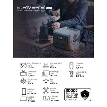 Estación de Energía Portátil EcoFlow RIVER 2 MAX 500W Potencia - 512Wh Capacidad