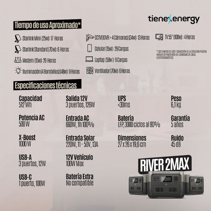 Estación de Energía Portátil EcoFlow RIVER 2 MAX 500W Potencia - 512Wh Capacidad